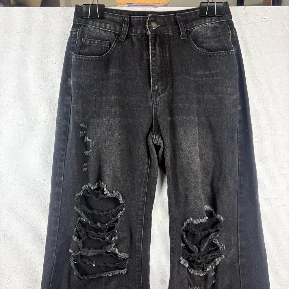 Distressed Wide Leg Baggy Faded Black Jeans Sz 4 Grunge 90s Y2K Punk Skater - Picture 3 of 8